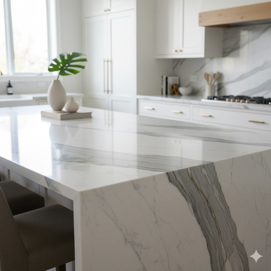 White marble worktop with soft grey veining on a kitchen island