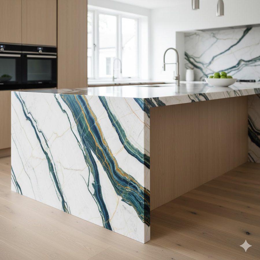 White and teal quartzite worktop with dramatic veining on an island